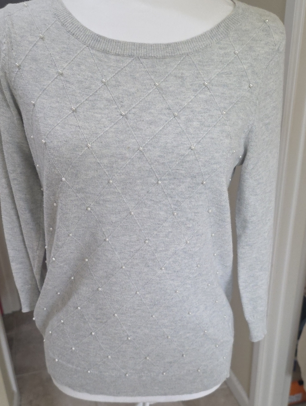 Elle Light Gray Crewneck Sweater with Pearl Accents